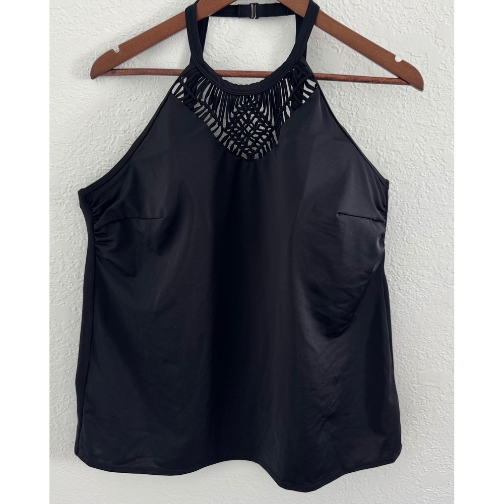 Swim By Cacique High Neck No Wire Crochet Tankini Top Black Size 18 Modest